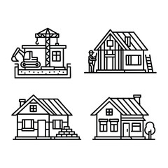 A set of four line art icons illustrating the stepbystep process of house construction from foundation to completion.