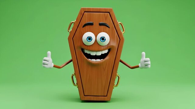 Funny Happy Coffin Cartoon Character Giving Thumbs Up - A cheerful 3D video cartoon coffin character with a smiling face gives two thumbs up against a green screen background.