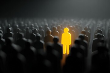 A single, illuminated figure stands out among a multitude