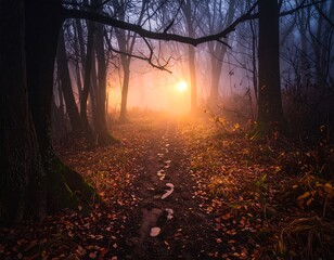 A sunlit path through a misty autumn forest