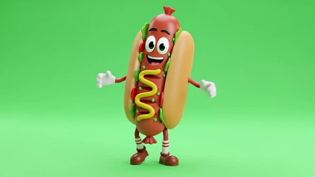 Funny Happy Hot Dog Cartoon Character Dancing - A cheerful 3D animated hot dog character with arms and legs smiles and dances against a green screen background.