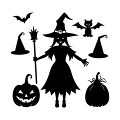 Silhouette of a witch with a broom, pumpkins, bats, and witch hats for halloween decoration