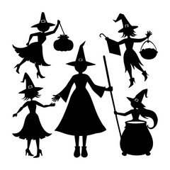 Silhouette illustration of five witches with hats and cauldrons on a white background halloween theme