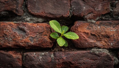A small plant sprouts between old bricks