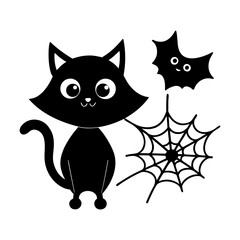 A cartoon black cat with a bat and a spider web for halloween decorations on a white background