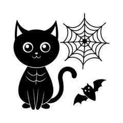 Cartoon black cat with a spider web and a bat for halloween decorations in a simple vector illustration