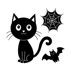 Black cat sitting near a spiderweb and a bat in a halloween themed black and white vector image