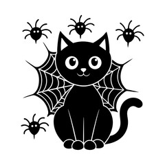 Black cat with spiderweb wings surrounded by spiders in a halloween themed graphic illustration