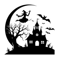 Silhouette of a witch flying on a broomstick with bats and a haunted house under a crescent moon design