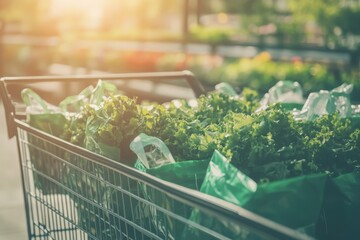 Fresh Green Vegetables in Eco-Friendly Bags Inside a Shopping Cart at an Open-Air Market During Golden Hour with Soft Sunlight Filtering Through Trees