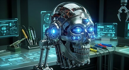 Advanced Robot Head in Laboratory with Glowing Blue Eyes.