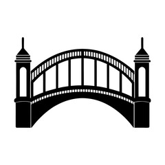 Black silhouette of an arched bridge with two towers on each side against a white background view