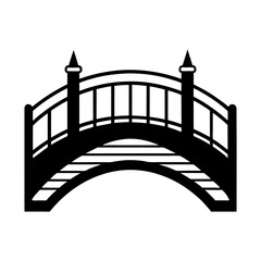 Illustration of an arched bridge with railings and decorative posts in solid black color on white background