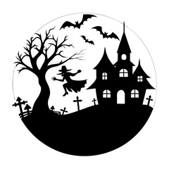 Silhouette of a witch flying near a haunted house with bats and tombstones in a circular frame