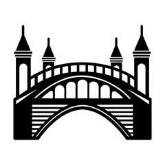 Illustration of a black silhouette bridge with towers and archways on a white background design element