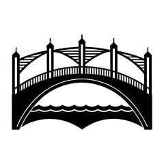 Silhouette illustration of an arched bridge with decorative towers over wavy water in black and white