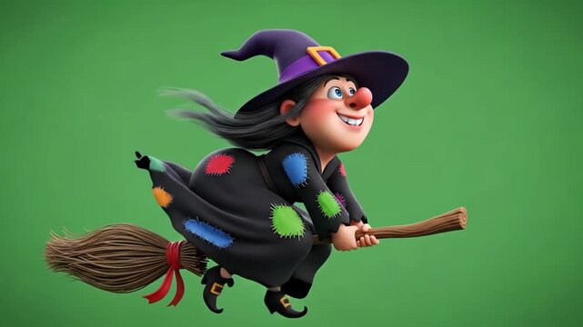 Funny Happy Cartoon Witch Flying on Broom - A cheerful 3D animated witch with colorful patches on her dress joyfully flies on a broomstick against a green screen background.