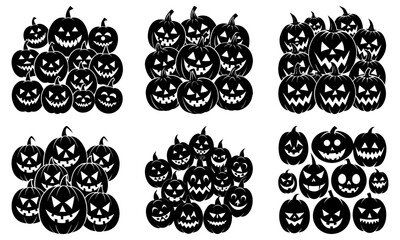 Six groups of black and white halloween pumpkins with carved faces in various sizes and arrangements