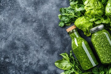 Fresh homemade green smoothie in glass bottles surrounded by vibrant green spinach leaves on a textured gray background, perfect for healthy lifestyle and nutrition themes