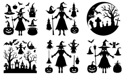 Silhouettes of halloween themed items including witches pumpkins bats and spooky trees on a white background
