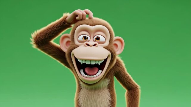 Funny Happy Cartoon Monkey Scratching Head Green Screen - A cheerful 3D animated monkey character scratches its head while laughing.