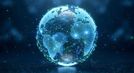 Digital Futuristic Globe with Glowing Connections and Network Data, Representing Global Communication and Technology