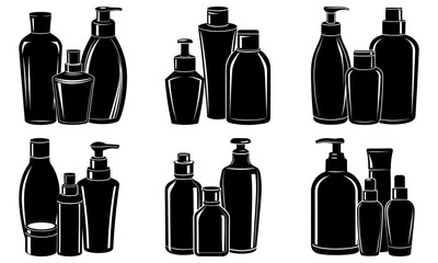 Collection of black and white cosmetic bottles and containers in various shapes and sizes arranged in groups