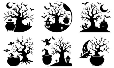 Fototapeta premium Silhouetted halloween scenes featuring spooky trees cauldrons bats ghosts and other eerie elements