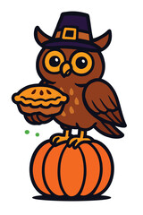 Cute cartoon owl wearing a pilgrim hat holding a pie and sitting on a pumpkin Keywords: owl, cartoon, pilgrim hat, pie, pumpkin, autumn, fall, Thanksgiving, holiday, cute, character, bird, funny