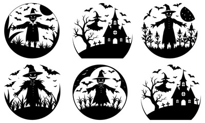 Collection of halloween themed silhouettes featuring scarecrows witches and haunted houses in oval frames