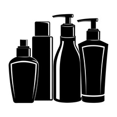 A collection of four black and white cosmetic bottles with pumps and caps in a simple illustration