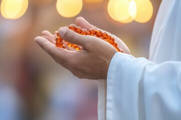 Hands Holding Prayer Beads with Soft Bokeh Background in a Spiritual Setting, Symbolizing Reflection, Meditation, and Devotion during a Peaceful Moment