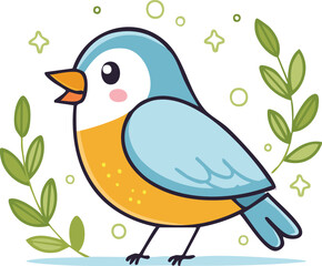 A cheerful cartoon bird sings amidst stylized green leaves and sparkles.