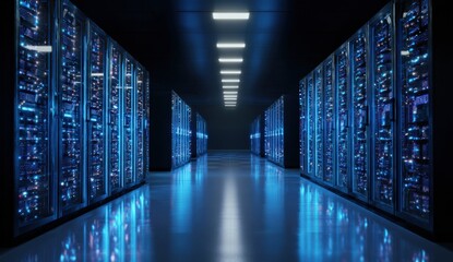 Dark server room interior