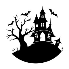 Silhouette of a haunted house with bats and a bare tree on a hill in a circular frame design