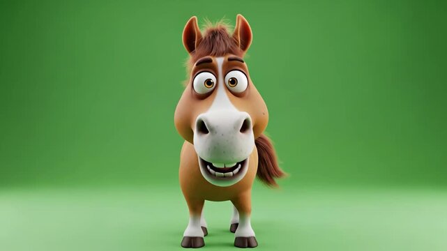 Funny Playful Cartoon Horse on Green Screen - A cheerful 3D animated brown horse with big, expressive eyes smiles broadly against a bright green screen background.