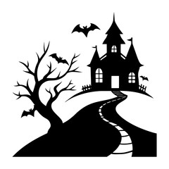 Silhouette of a spooky haunted house with bats and a winding path on a hill under a night sky scene