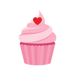Pink Cupcake with Red Heart Decoration, Isolated