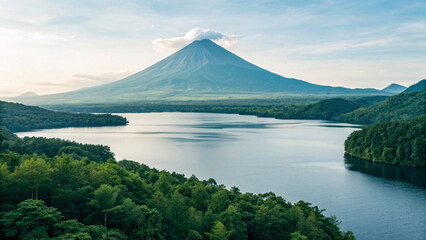 Elevated view of pristine lake surrounded by lush green forest with towering mountain dominating distant landscape.