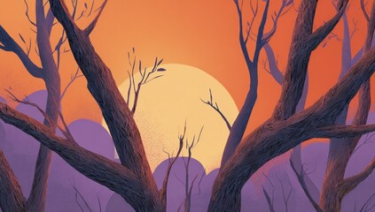 Sunset through barren trees