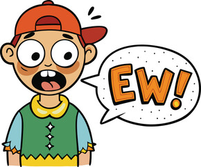 A young boy making a disgusted face, with a speech bubble displaying the word 