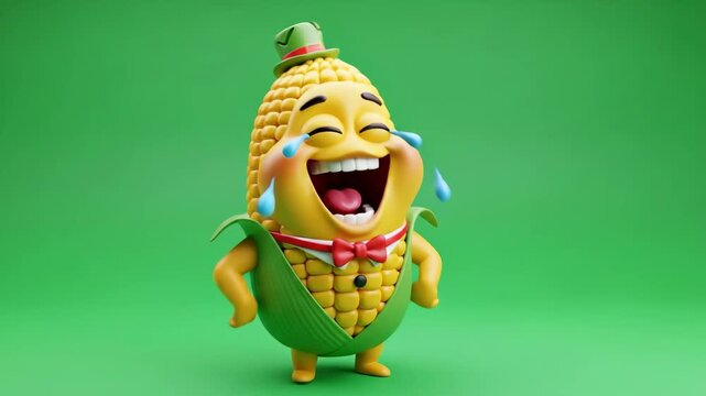 Funny Happy Corn Cob Cartoon Character Laughing - A 3D video cartoon corn cob character wearing a hat and bow tie laughs heartily, tears streaming down its face.