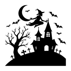 Silhouette of a witch flying over a haunted house with bats and a moon on halloween night scene