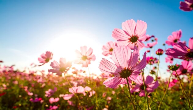 Pink cosmos flowers in a field