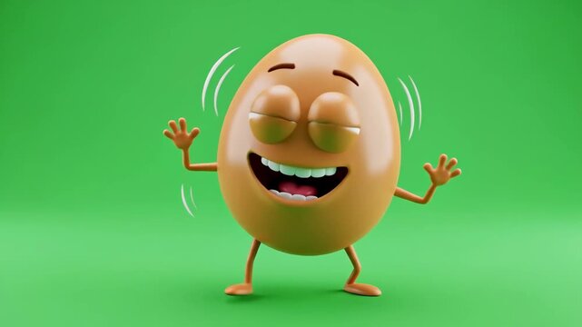 Funny Happy Wobbling Egg Cartoon Character - A cheerful 3D cartoon egg character with arms and legs is shown wobbling and laughing against a green screen background.