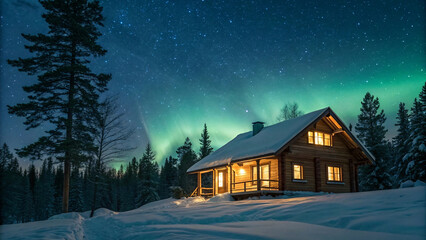 Log house nestled in snow-covered evergreen forest with brilliant aurora borealis painting the starry night sky overhead.