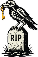 Skeleton Crow Perched on RIP Gravestone Holding a Golden Key bird raven