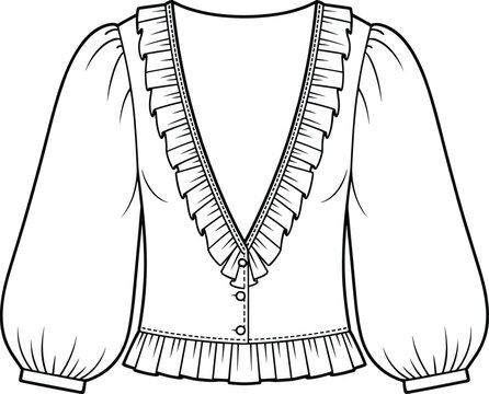 Black and white fashion illustration of a ruffled V-neck blouse with balloon sleeves drawing sketch