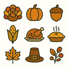 Fototapeta premium A set of vintage-style vector icons represents classic symbols of Thanksgiving and the fall season.