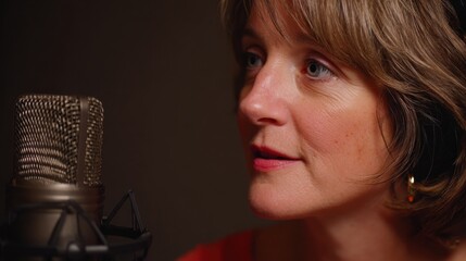 Confident Woman Holding Microphone in a Dynamic Performance Setting Radiating Passion and Energy While Engaging an Enthusiastic Audience During Event
